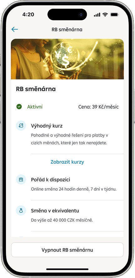 RB směnárna v aplikaci Raiffeisen bankovnictví